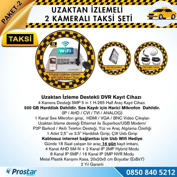 Taksi Kamera Seti 2 Uzaktan Izlemeli 2 Dome Kameralı Wifi 500 Gb Harddisk Dahil - 2