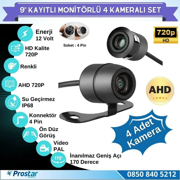 9 Inç Dörde Bölünür Kayıtlı 256Gb Sd Destekli 4 Kameralı 720P Ahd 4 Pin Soketli Tak Kullan Kamera Seti - 4