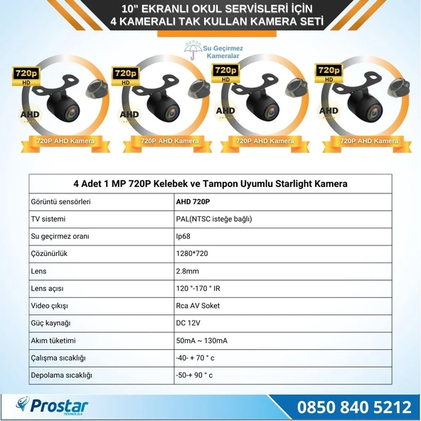 Kayıtlı 10" Dörde Bölünebilir 4 Kameralı Ahd 720P Okul Servisler Için Kamera Seti - 3