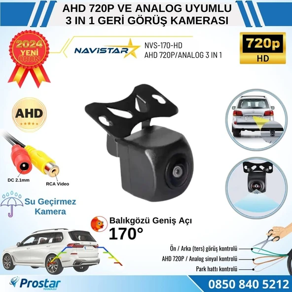 Balıkgözü AHD 720P ve Analog Çevirilebilir 170 Derece Geniş Açılı Geri Görüş Kamerası - 1