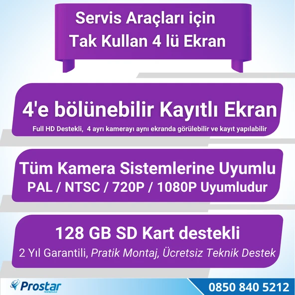 Kayıtlı Servis Okul Taşıtları 4 Lü Kamera 7 Inç Monitör Full Set 256 Gb Sd Kart Desteği + 1 Dome Kamera - 4