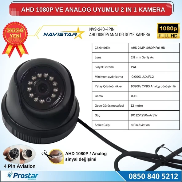 AHD 1080P ve Analog Pal Çevrilebilir 4 Pin Plastik Mini Dome Araç Kamerası - 3