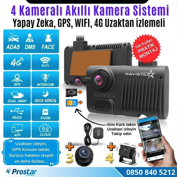 4 Kameralı 4G Uzaktan izlemeli GPS Wifi Yapay Zekalı Akıllı Dashcam Kamyon Tır Kamera Sistemi - 2