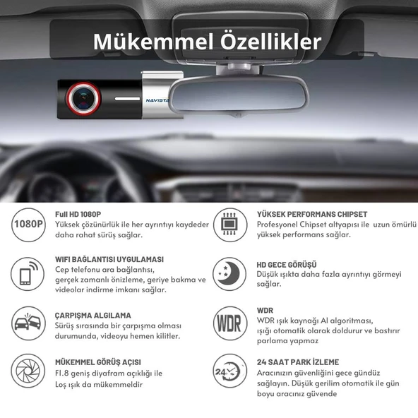 U700 Wifi 1080P 170° Geniş Açı Gece Görüşlü 128 GB Destekli Akıllı Araç içi Kamera - 3