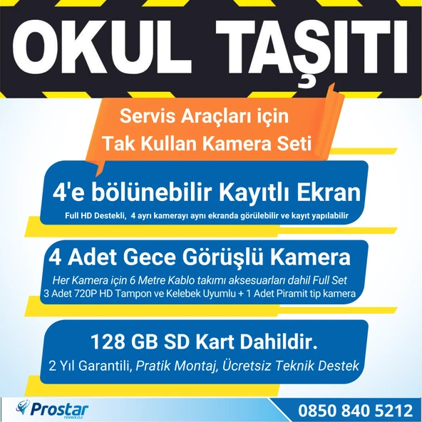 Kayıtlı Okul Ve Servis Araçları 4 Lü Kamera 7 inç Monitör Full Set + 128 Gb Sd Kart Dahil - 3