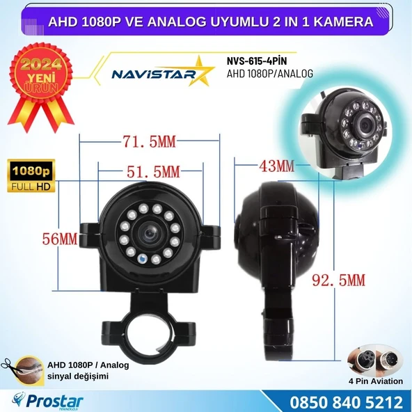 AHD 1080P ve Analog Pal Çevirilebilir 4 Pin Gece Görüşlü Araç Kamerası Metal Kelepçeli Yön Ayarlanabilir Full HD - 2