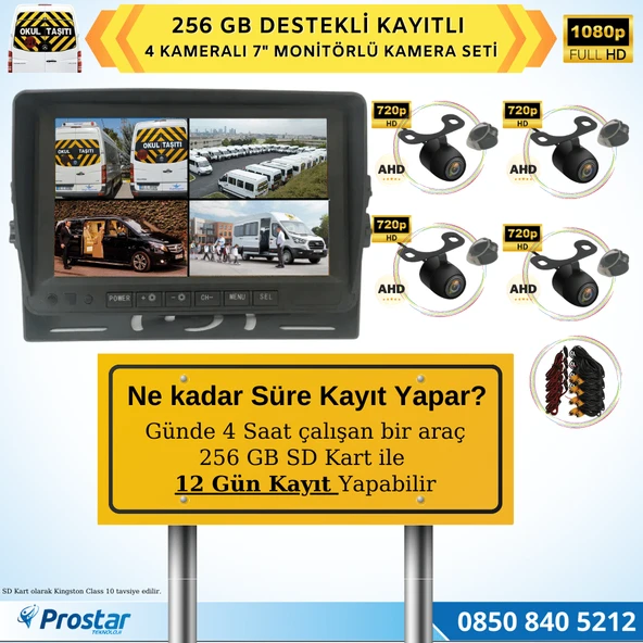 Kayıtlı Ahd Okul Servisler Için 4 Kameralı 7 Inç Monitörlü 720P Araç Kamera Seti - 4