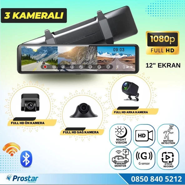12 inç Kablosuz Carplay 3 Kameralı Dikiz Ayna Wifi, Bluetooth, Fm Transmitter, Sd, Park Modu 1080P - 3