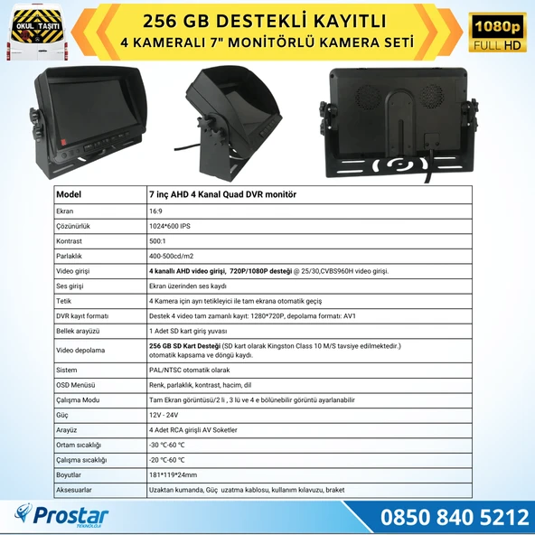 Kayıtlı Ahd Okul Servisler Için 4 Kameralı 7 Inç Monitörlü 720P Araç Kamera Seti - 2