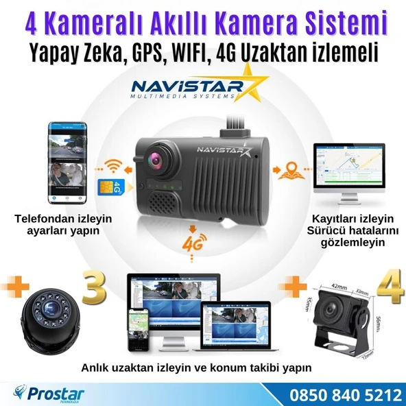 4 Kameralı 4G Uzaktan izlemeli GPS Wifi Yapay Zekalı Akıllı Dashcam Kamyon Tır Kamera Sistemi - 3
