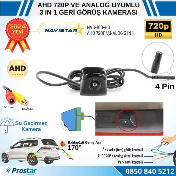 Piramit Balıkgözü AHD 720P ve Analog Çevrilebilir 170 Derece Geniş Açılı Geri Görüş Kamerası - 3