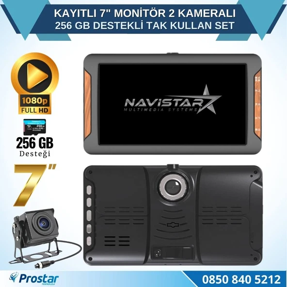Kayıtlı 7 inç Monitör 2 Kameralı Dashcam 256 GB Destekli 15 Metre Kablolu Pratik Set - 2