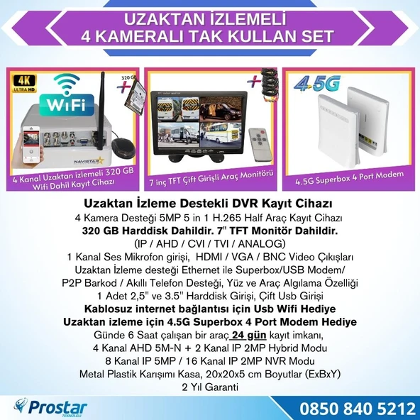 Uzaktan izlemeli 4 Kameralı Wifi 4G 320 Gb Harddisk 7 Inç Ekranlı Araç Kamera Seti - 2