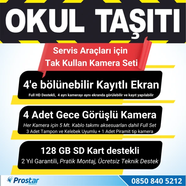 Kayıtlı Okul Ve Servis Taşıtları 4 Lü Kamera 7 Inç Monitör Full Set 256 Gb Sd Kart Desteği - 3