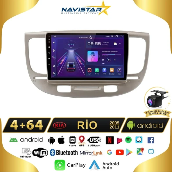 Kia Rio2 2005-2011 Model 4+64GB Android 13 Kablosuz Carplay Navigasyon Multimedya Sistemi