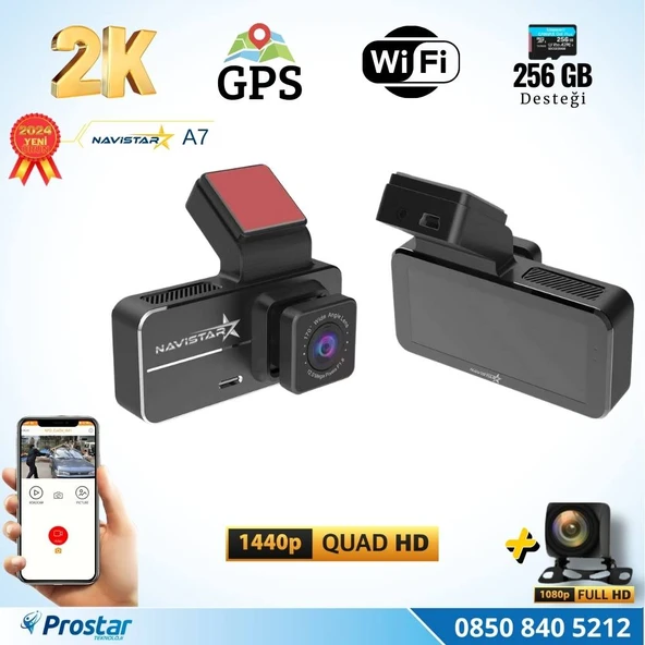 A7 Wifi + GPS 2K Çift Kameralı 170° Geniş Açı Lens Gece Görüşlü Akıllı Araç içi Kamera + 1080P Arka Kamera - 2
