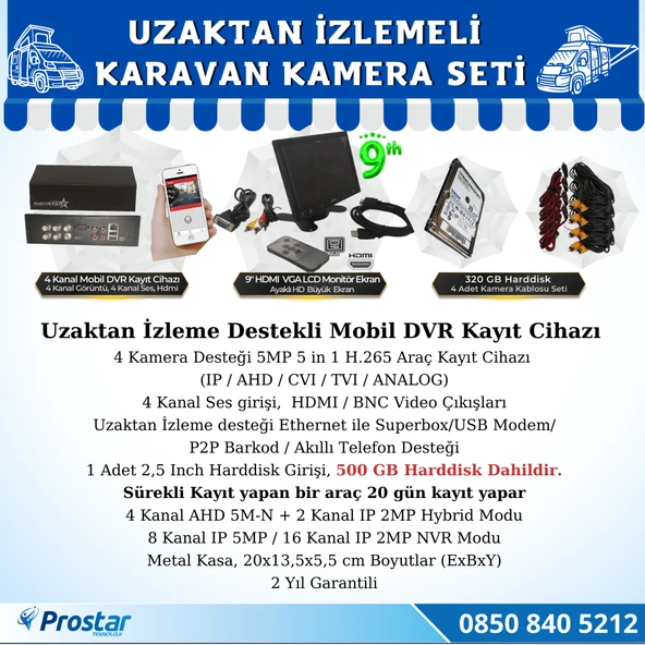 Uzaktan İzlemeli Karavan Kamera Seti 4 Kameralı 500 Gb Harddisk Dahil Kayıtlı 9 Inç Hdmi Ekranlı - 2