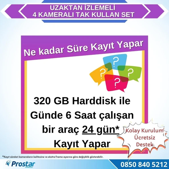 Uzaktan izlemeli 4 Kameralı Wifi 4G 320 Gb Harddisk 7 Inç Ekranlı Araç Kamera Seti - 4
