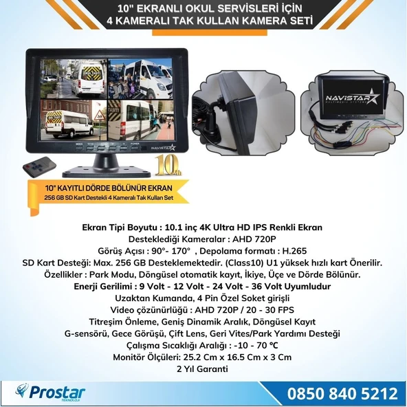 Kayıtlı 10" Dörde Bölünebilir 4 Kameralı Ahd 720P Okul Servisler Için Kamera Seti - 2