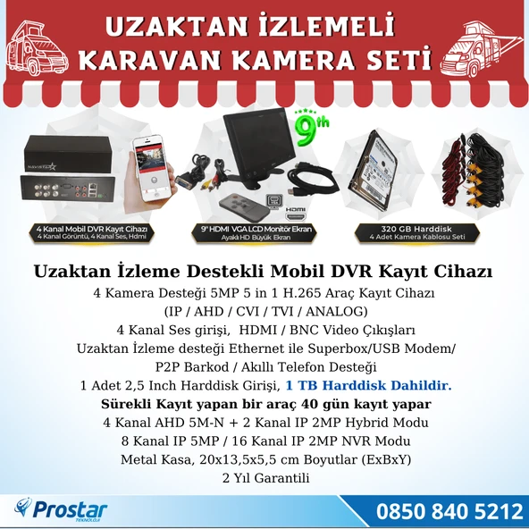 Karavan 1 Tb Harddiskli 9 Inç Hdmi Monitörlü 4 Kameralı Uzaktan İzlemeli Kayıtlı Kamera Seti - 2