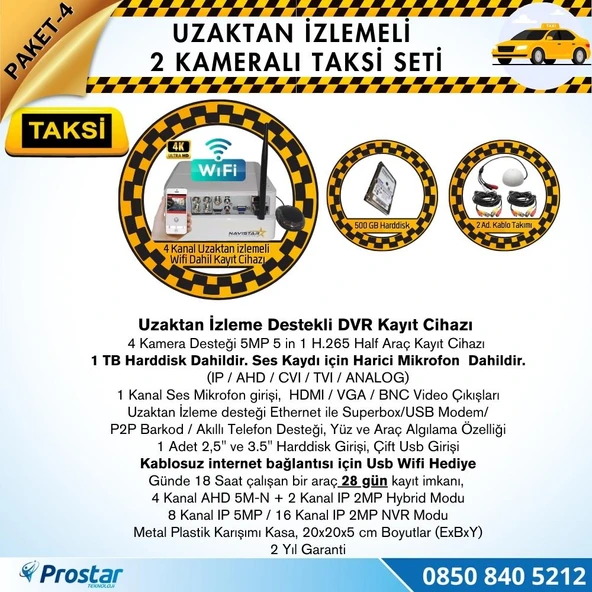 Taksi Kamera Seti 4 Uzaktan Izlemeli 2 Dome Kameralı Wifi 1 Tb Harddisk Dahil - 2