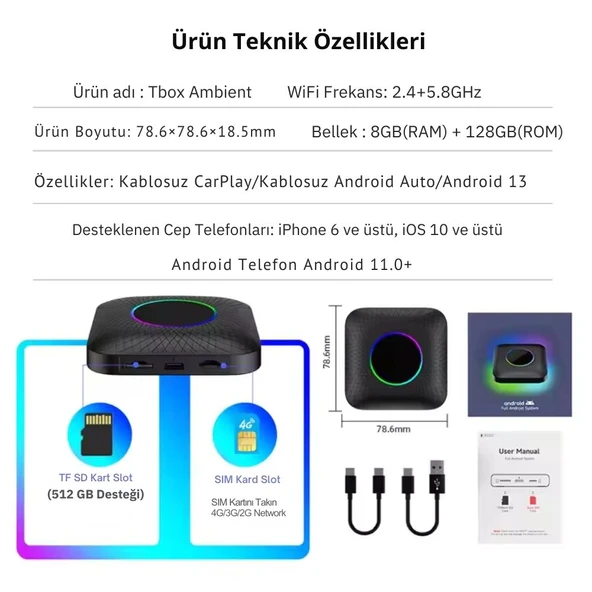 Carlinkit TBox Ambient Android 13, 8+128GB, Google PlayStore, Netflix, YouTube, Kablosuz/Wireless CarPlay & Android Auto SIM Kart Destekli SM6225 Chipset Android Box (IMEI Kayıtlı) - Resim 5