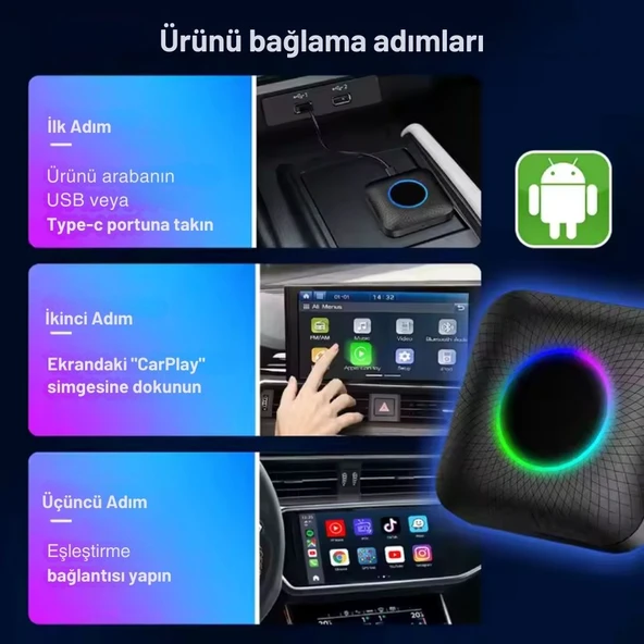 Carlinkit TBox Ambient Android 13, 8+128GB, Google PlayStore, Netflix, YouTube, Kablosuz/Wireless CarPlay & Android Auto SIM Kart Destekli SM6225 Chipset Android Box (IMEI Kayıtlı) - Resim 3