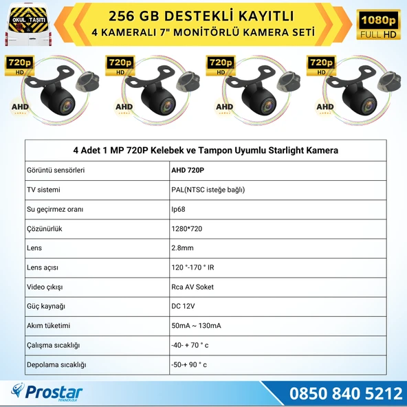 Kayıtlı Ahd Okul Servisler Için 4 Kameralı 7 Inç Monitörlü 720P Araç Kamera Seti - 3