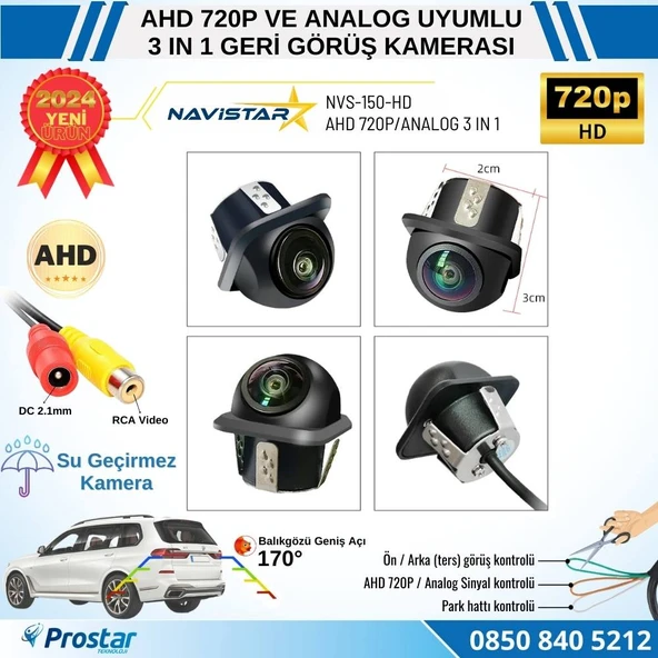 AHD 720P ve Analog Çevrilebilir 170 Derece Balıkgözü Geniş Açılı  Geri Görüş Kamerası - 7