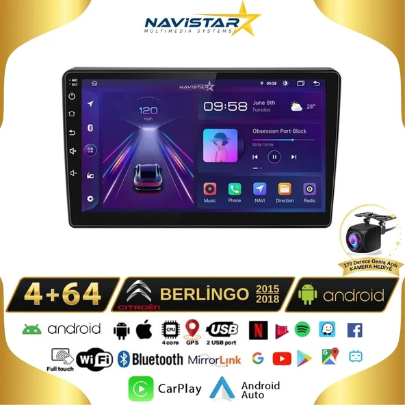 Citroen Berlingo 2015-2018 Model 4GB + 64GB Android 13 Kablosuz Carplay Navigasyon Multimedya Sistemi