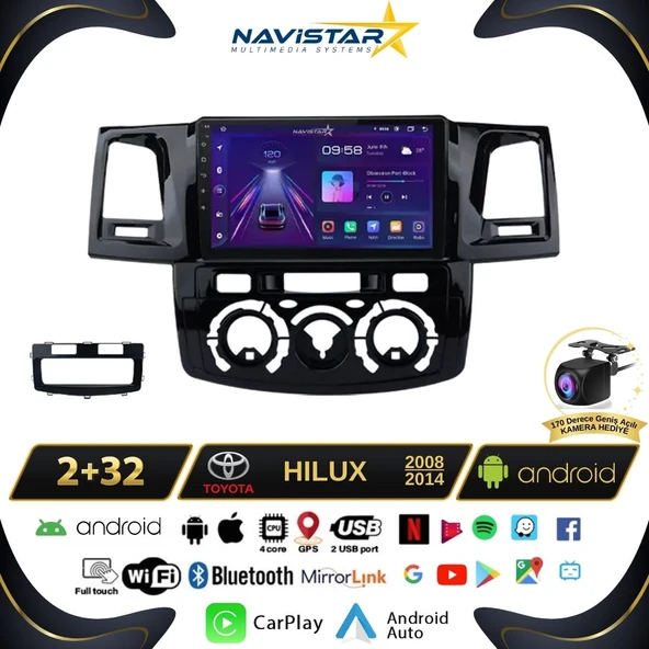 Toyota Hilux 2008-2014 Model 2+64GB Android 13 Kablosuz Carplay Navigasyon Multimedya Sistemi ürün görseli