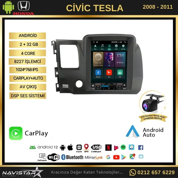 Honda Civic Tesla 2008-2011 Model 2GB + 32GB Kablosuz Carplay Navigasyon Multimedya Sistemi - 2