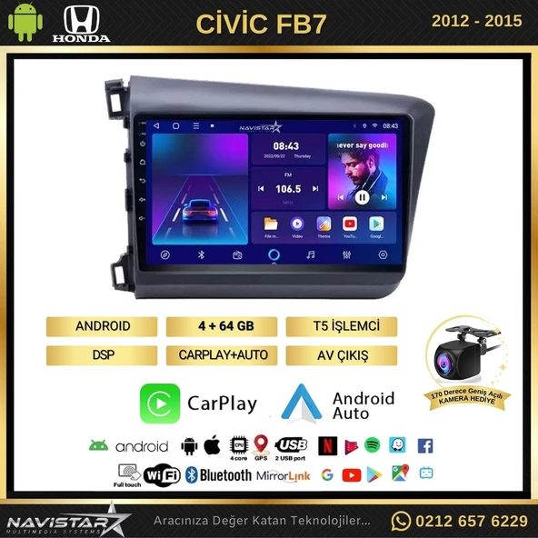 Honda Civic Fb7 4GB + 64GB Android 13 Kablosuz Carplay 2012-2015 Navigasyon Multimedya Sistemi - 2