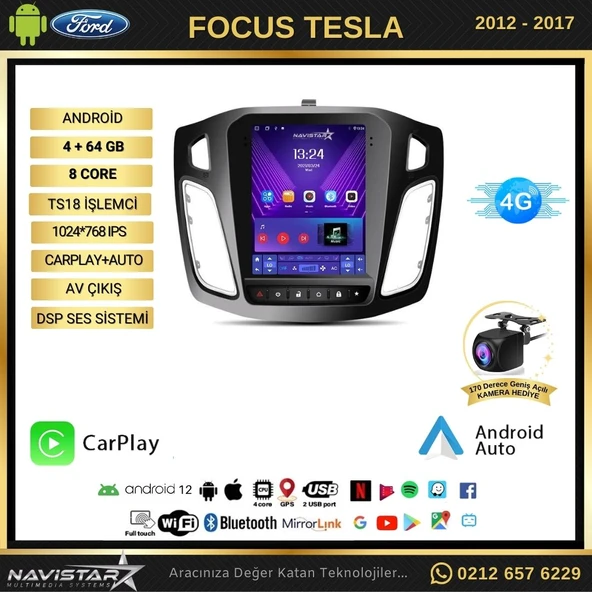 Ford Focus Tesla 4GB + 64GB 2012-2018 Model Kablosuz Carplay Navigasyon Qled Multimedya Sistemi - Resim 6