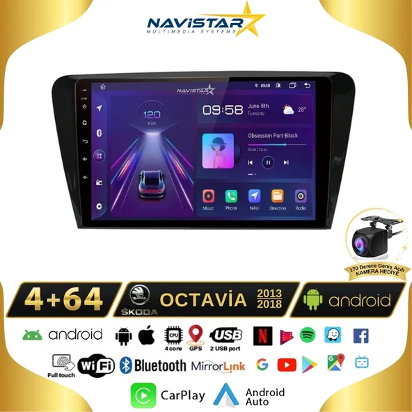 Skoda Octavia 2013-2018 Model 4GB + 64GB Android 13 Kablosuz Carplay Navigasyon Multimedya Sistemi