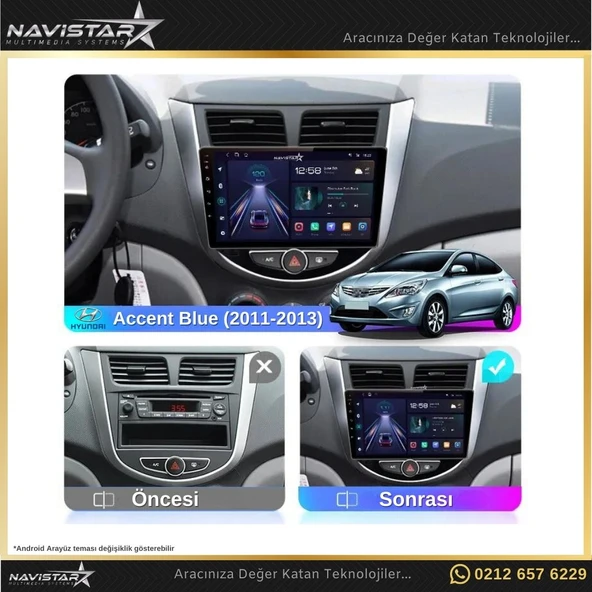 Hyundai  Accent Blue 2011-2013 Model 2+64GB Android 13 Kablosuz Carplay Navigasyon Multimedya Sistemi - 3