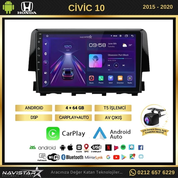 Honda Civic Kablosuz Carplay 4GB + 64GB Android 13 2015-2020 Navigasyon Multimedya Sistemi - Resim 2