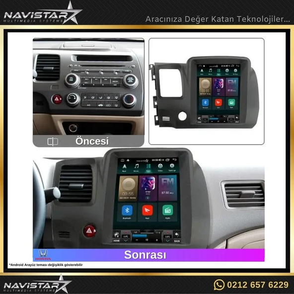 Honda Civic Tesla 2008-2011 Model 2GB + 32GB Kablosuz Carplay Navigasyon Multimedya Sistemi - 3