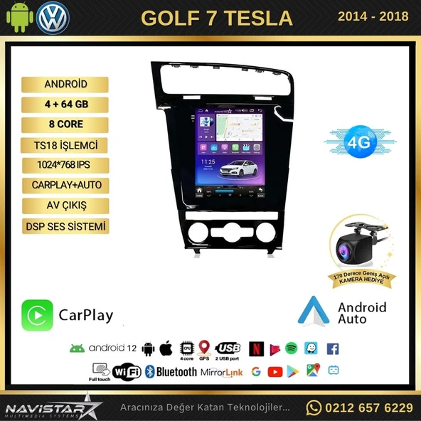 Volkswagen Golf 7 Tesla 4GB + 64GB 2014-2018 Model Kablosuz Carplay Navigasyon Qled Multimedya Sistemi - 2