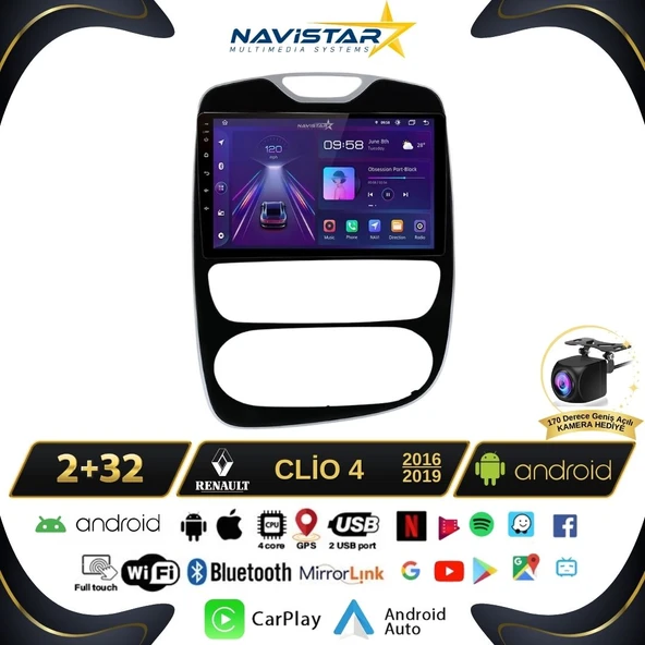Renault Clio 4 Kablosuz Carplay 2+64GB Android 13 Navigasyon Multimedya Sistemi 2016-2019