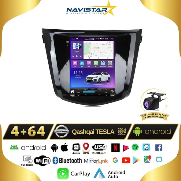 Nissan Qashqai Tesla 4GB + 64GB 2014-2017 Model Android 13 Kablosuz Carplay Navigasyon Multimedya Sistemi