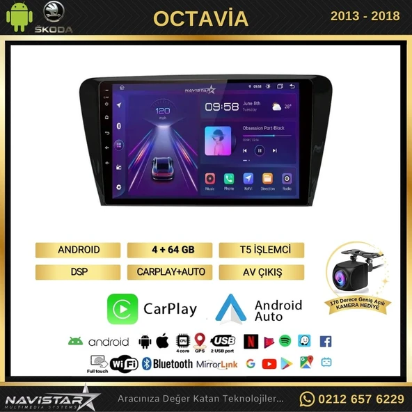Skoda Octavia 2013-2018 Model 4GB + 64GB Android 13 Kablosuz Carplay Navigasyon Multimedya Sistemi - 2