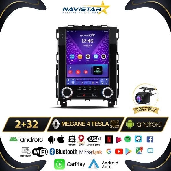 Renault Megane 4 Tesla 2017-2023 Model 2+32GB Android  Kablosuz Carplay Navigasyon Multimedya Sistemi
