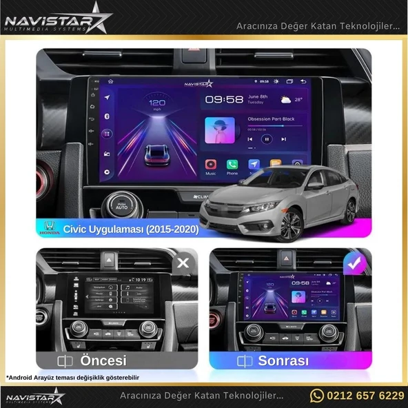 Honda Civic Kablosuz Carplay 4GB + 64GB Android 13 2015-2020 Navigasyon Multimedya Sistemi - Resim 3