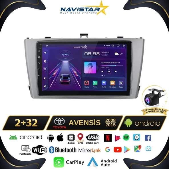 Toyota Avensis 2008-2015 Model 2+64GB Android 13 Kablosuz Carplay Navigasyon Multimedya Sistemi ürün görseli