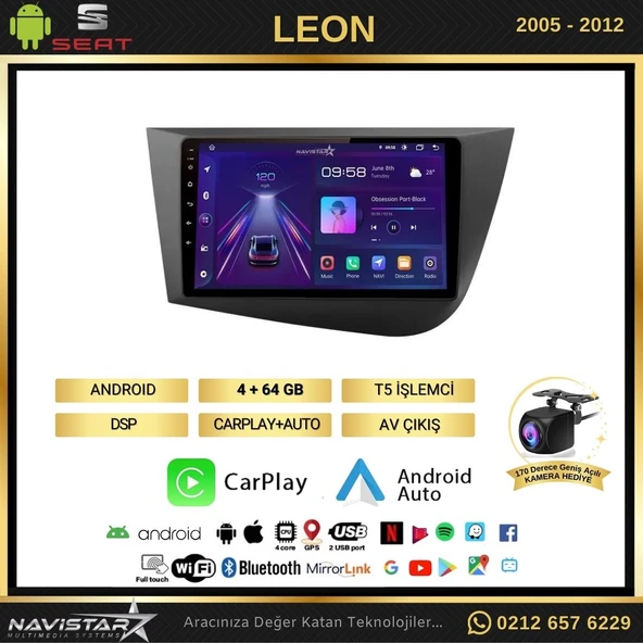 Seat Leon 4GB + 64GB 2005-2012 Model Android 13 Kablosuz Carplay Navigasyon Multimedya Sistemi - 2
