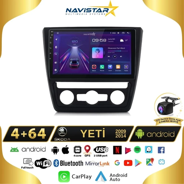 Skoda Yeti 4GB + 64GB 2009-2014 Model Android 13 Kablosuz Carplay Navigasyon Multimedya Sistemi