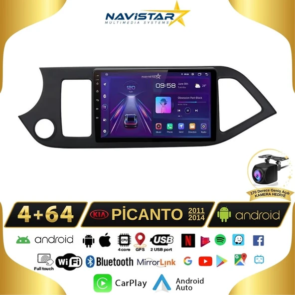 Kia Picanto 2011-2014 Model 4+64GB Android 13 Kablosuz Carplay Navigasyon Multimedya Sistemi