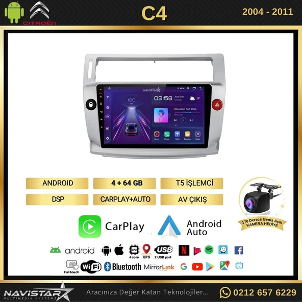 Citroen C4  2004-2011 Model 4GB + 64GB Android 13 Kablosuz Carplay Navigasyon Multimedya Sistemi - 2