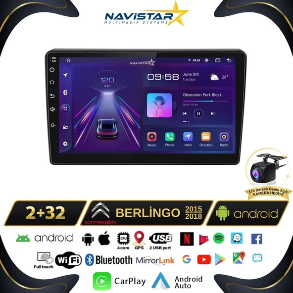 Citroen Berlingo 2015-2018 Model 2GB + 64GB Android 13 Kablosuz Carplay Navigasyon Multimedya Sistemi